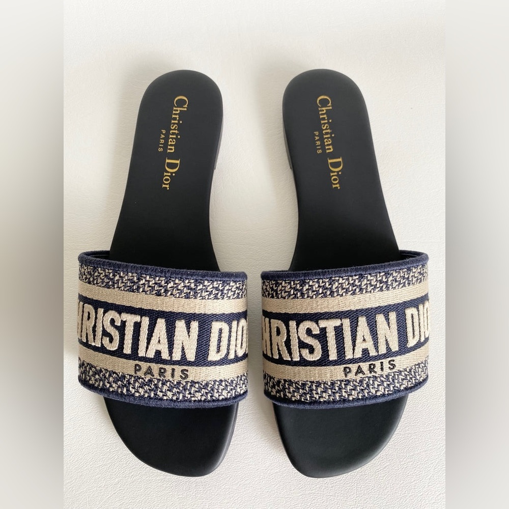 Dior Dway Deep Blue Embroidered Cotton Logo Slides
